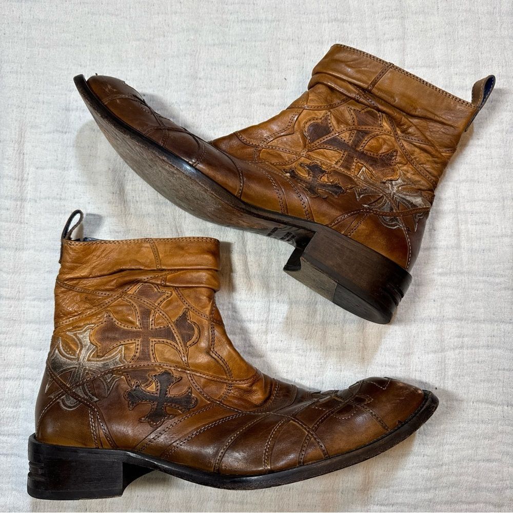 Mark Mason Rock Lives Mens 8.5 Leather Zip Up Boots Made In Italy Embroidered
